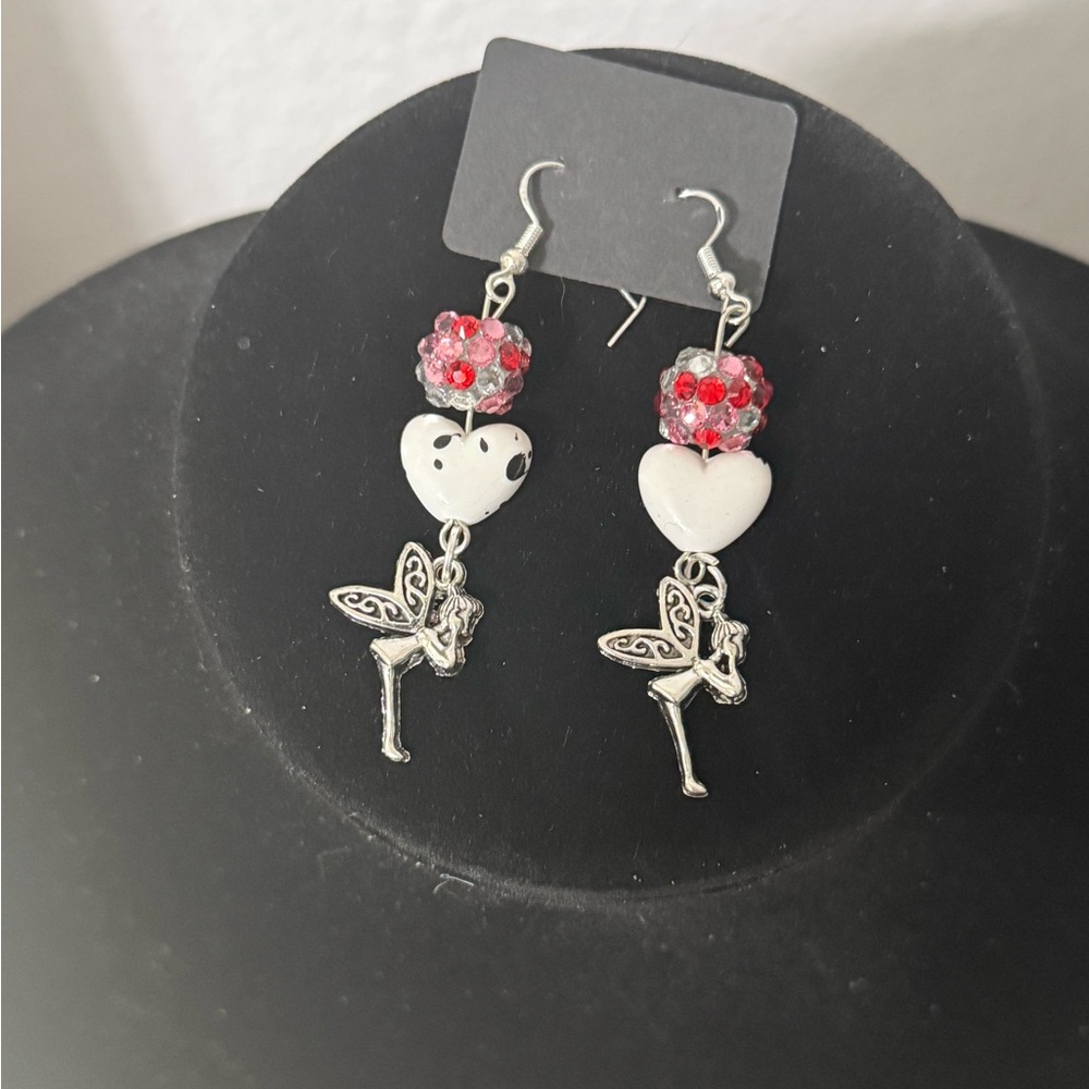 Silver and Red Dangle Earrings with Butterfly and Heart Charms